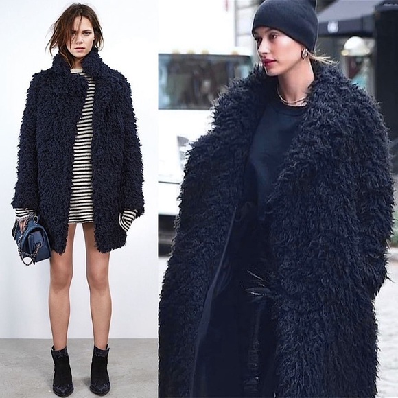 ZADIG & VOLTAIRE Navy Sherpa Faux Fur Shearling Button Up Collared Teddy Coat M - Picture 1 of 11